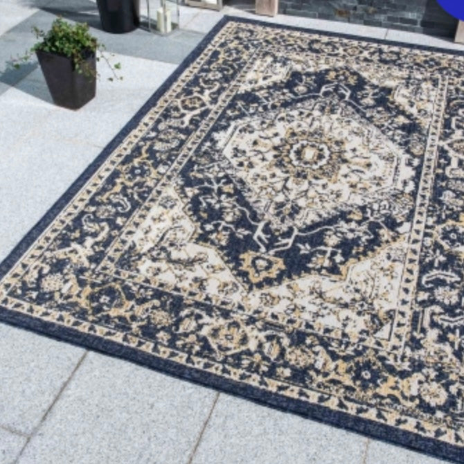 Navy Blue Distressed Weatherproof Outdoor Garden Rug - Adana