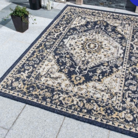 Navy Blue Distressed Weatherproof Outdoor Garden Rug - Adana
