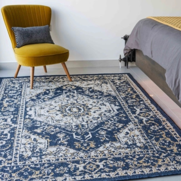Navy Blue Distressed Weatherproof Outdoor Garden Rug - Adana