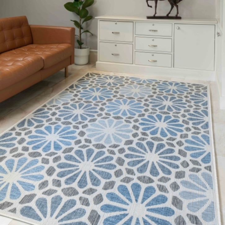 Florida Geometric Outdoor Floral Flatweave Rug - Navy Blue