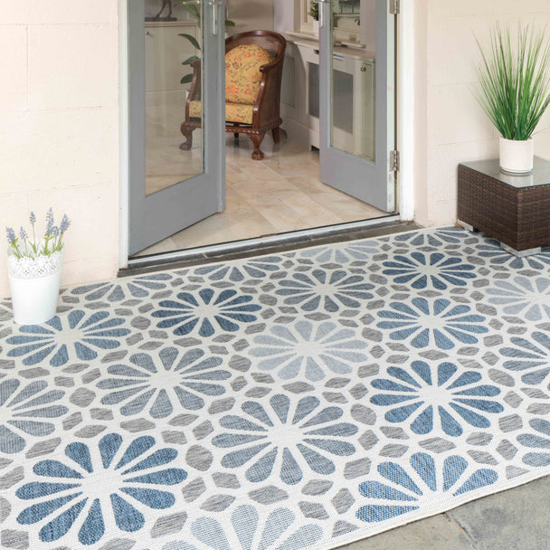 Florida Geometric Outdoor Floral Flatweave Rug - Navy Blue