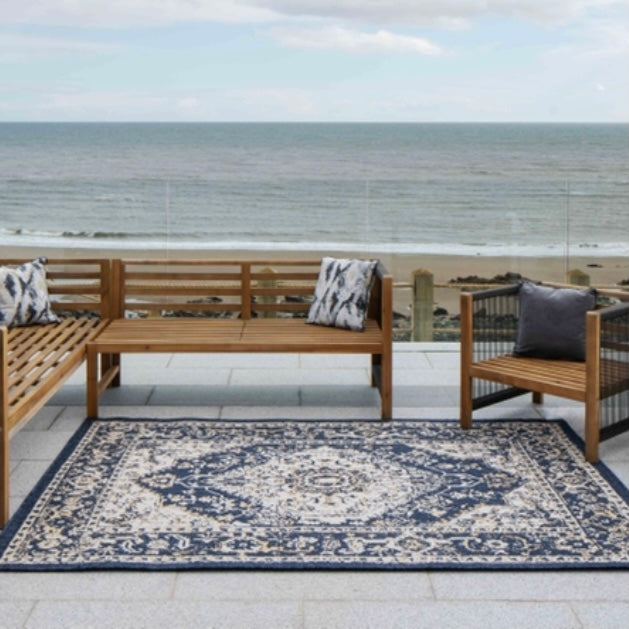 Navy Blue Distressed Weatherproof Outdoor Garden Rug - Adana