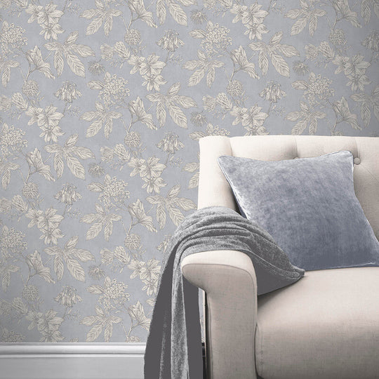 Botanic Floral Blue Metallic Wallpaper - Arthouse 902600