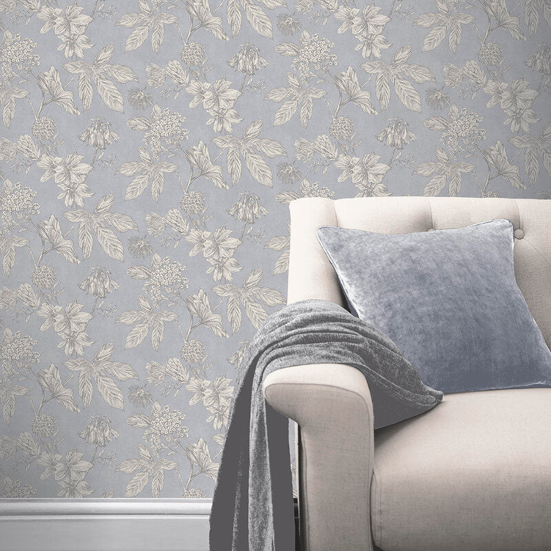 Botanic Floral Blue Metallic Wallpaper - Arthouse 902600
