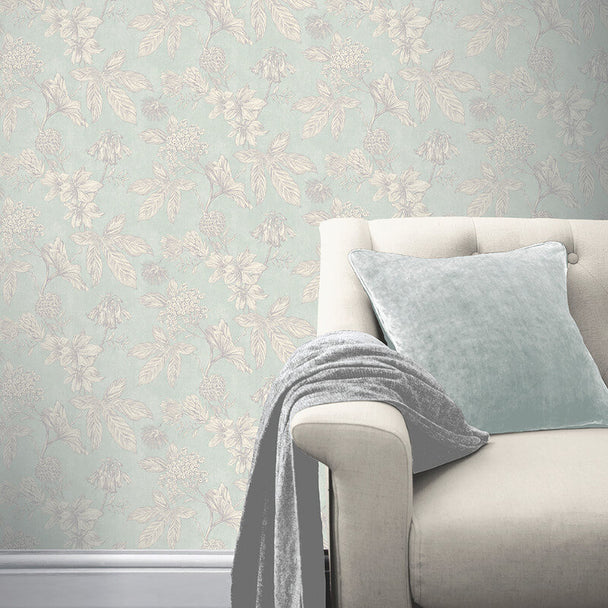Botanic Floral Soft Teal Metallic Wallpaper - Arthouse 902703