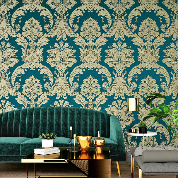 Luxury Green & Gold Damask Walppaper