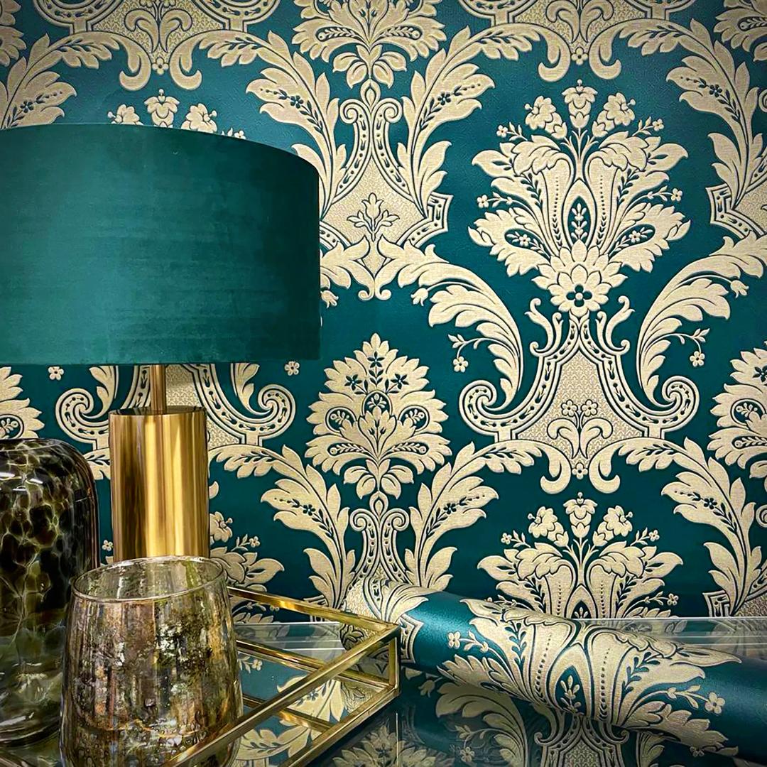 Luxury Green & Gold Damask Walppaper