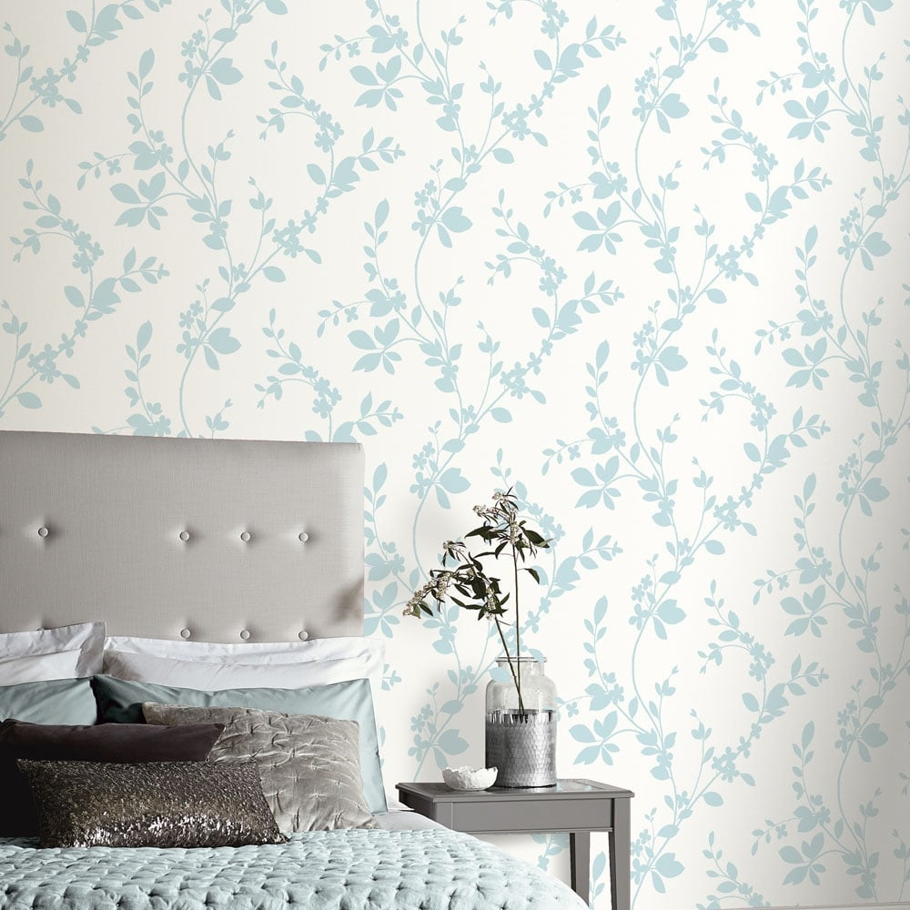 Lavinia Duck Egg Floral Wallpaper- Vintage 891700